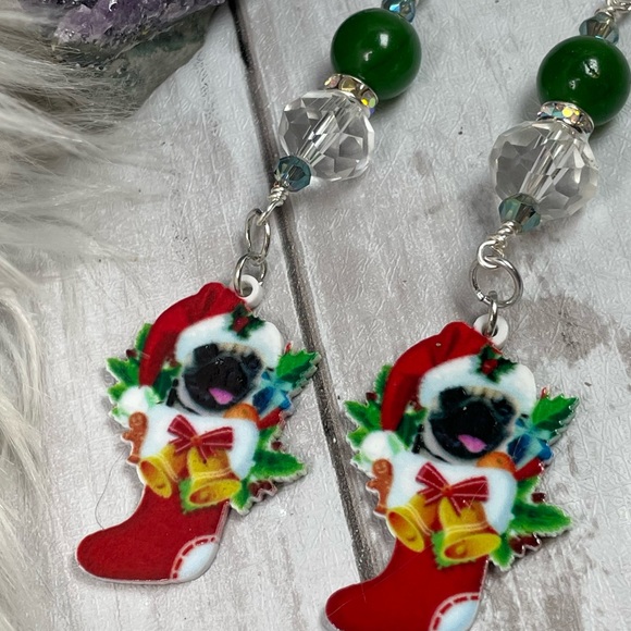 French Bulldog Acrylic Christmas Dangle Earrings Hand Crafted And Double Sided - Picture 8 of 12